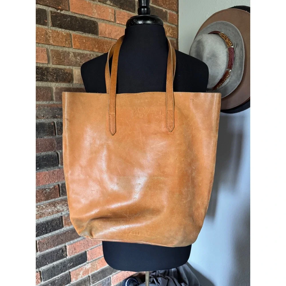 ABLE Abera Commuter Tote Cognac Leather Shoulder Bag Handcrafted Brown Large